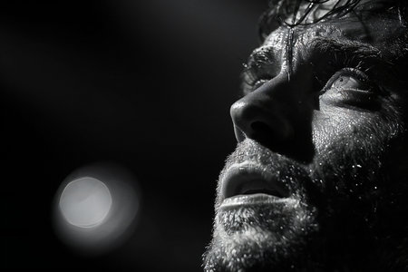 Portrait of a man with a wet beard and wet hair. Black and white photo.の素材