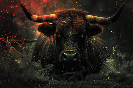 Black buffalo in the grass with fire and smoke, grunge backgroundの素材