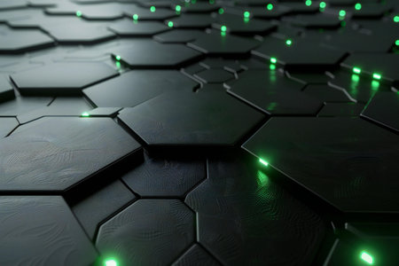 Black hexagonal background with green glowing lights. 3d render illustrationの素材