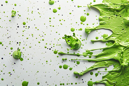 Green paint splashes isolated on white background. Top view, flat layの素材