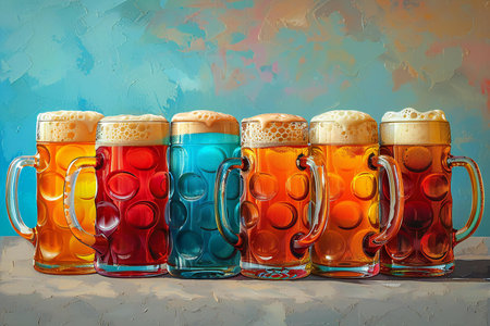 A bunch of colorful beer mugs is in use, high quality, high resolutionの素材