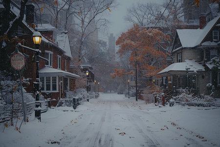 Depicting a  snowy city street with a streetlight and some housesの素材