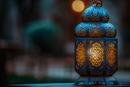 Islamic wooden lantern in a dark room, high quality, high resolutionの素材