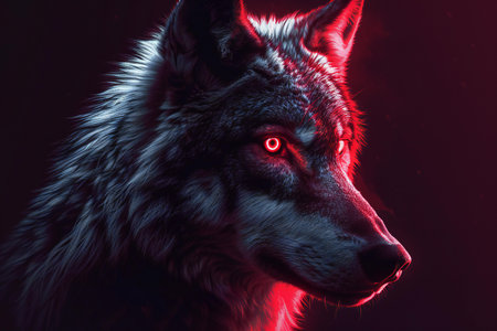 An image of a wolf head with red eyes, high quality, high resolutionの素材