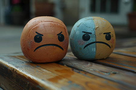 Depicting a two sad smiley icons, one on his side and the other one on his sideの素材