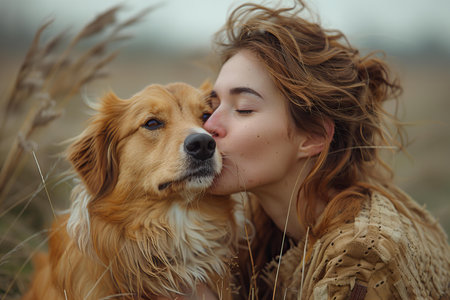 Depicting a  woman kisses her dog with her lips at the end of a grassy fieldの素材