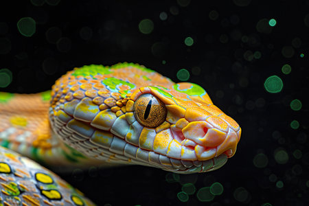 Featuring a  snake leaning in against a black background with green spotsの素材