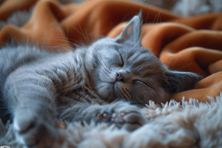 Featuring a  cute blue cat asleep on a fuzzy blanket, high quality, high resolutionの素材