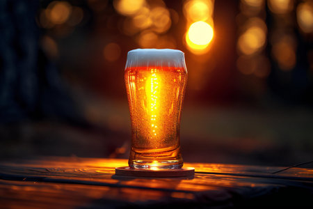 Depicting a  lighted beer glass on a wooden table, high quality, high resolutionの素材