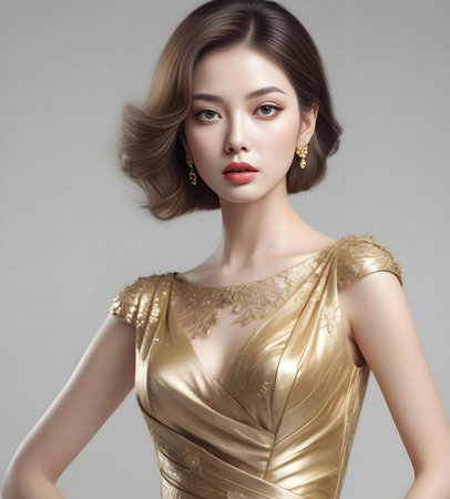 Gorgeous woman wearing sexy golden dress, high quality portrait, isolated on a backgroundの素材