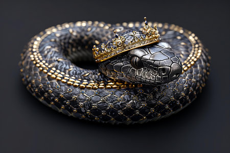 Digital artwork of  serpent with a crown on a black background, high quality, high resolutionの素材