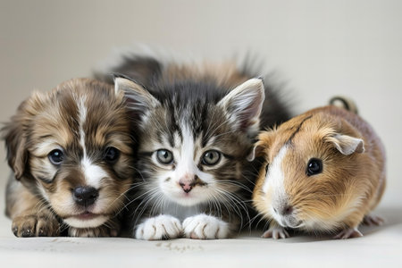 Illustration of  kitten, dog, and guinea pig are one in front of anotherの素材