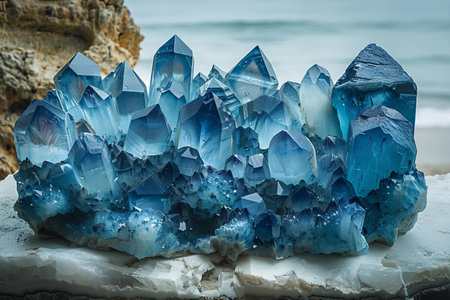 Digital artwork of blue and white rocks in the background, high quality, high resolutionの素材