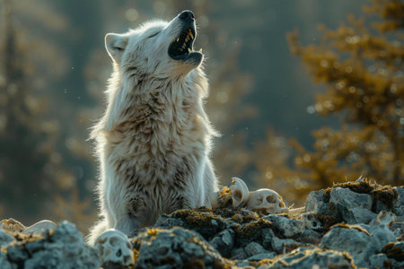 White wolf howling with mouth open, high quality, high resolutionの素材