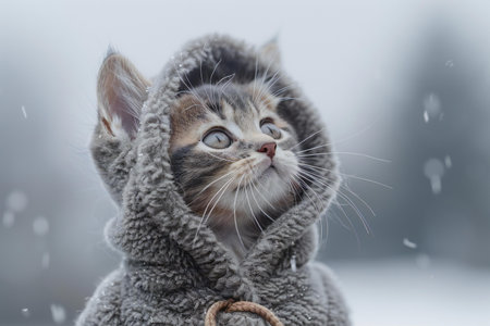 Featuring a  young kitten in a gray cat suit look up in the airの素材