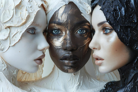 Featuring a three women's faces against white background, high quality, high resolutionの素材