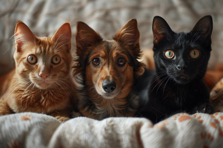 Illustration of dogs and cats staring at a white background, high quality, high resolutionの素材