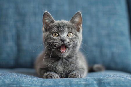 A gray cat yowling on a blue background, high quality, high resolutionの素材
