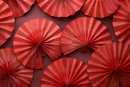 Depicting a  image of red paper fans, high quality, high resolutionの素材