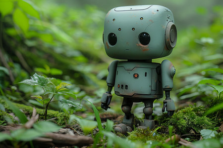 Digital image of lovely cute robot with a cute little nose, wiry arms, and a skip in its step that brings joy wherever it goesの素材