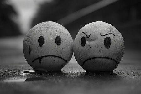 Two sad smiley icons, one on his side and the other one on his sideの素材