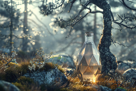 Illustration of plank bottle in a forested scene with grass and treeの素材