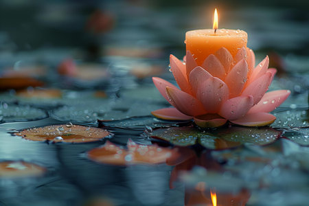 Illustration of candle with a lotus flower and water in a warm backgroundの素材