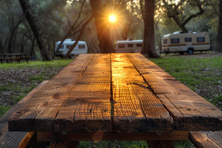 Wooden table in park overlaid with camper trailers on the grass stockの素材