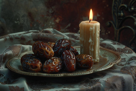 Dates on a platter with a candle is next to it, high quality, high resolutionの素材