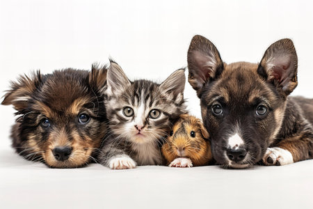 A kitten, dog, and guinea pig are one in front of anotherの素材