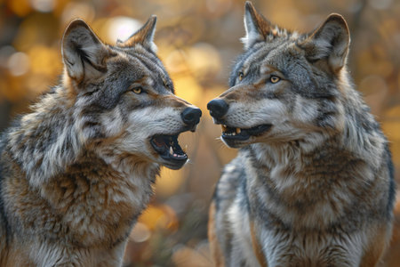 One gray wolf is howling while another is standing near the other wolfの素材