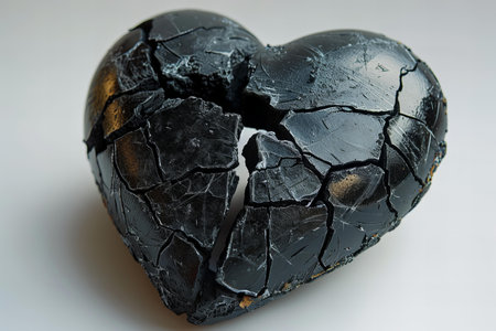 A black broken heart is isolated on a white backgroundの素材