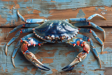 Blue painted crab on old wooden background, high quality, high resolutionの素材