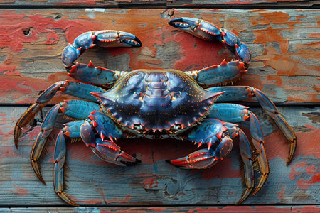 Featuring a blue painted crab on old wooden background, high quality, high resolutionの素材