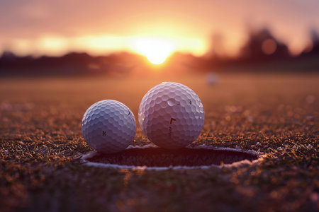 Golf ball holed up at sunset, high quality, high resolutionの素材