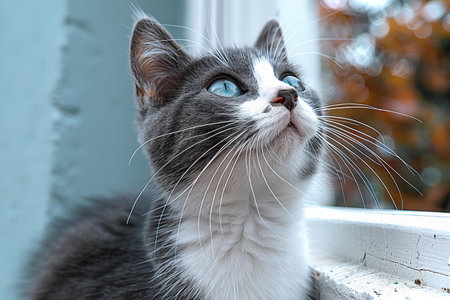 Digital image of  grey and white cat is looking up from a white wallの素材