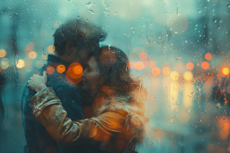 Digital artwork of couple embracing with a reflection in city stock pictureの素材