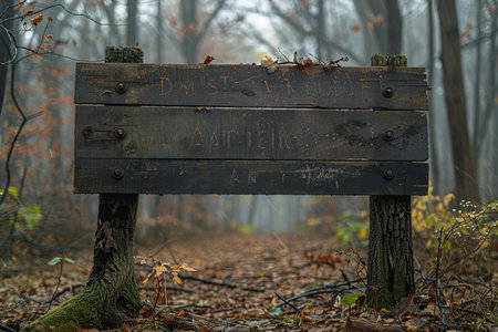 A blank wooden sign in the middle of the forest, high quality, high resolutionの素材