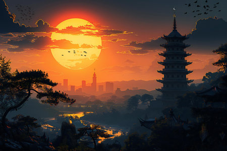 Depicting a islamic tower at sunset background clipart, high quality, high resolutionの素材