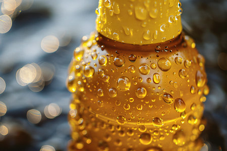 Featuring a  close up of a beer bottle with droplets of waterの素材