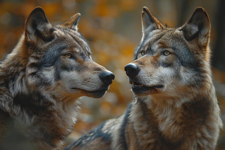 A pair of wolves howling at one another in the jungleの素材