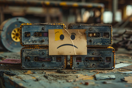 A note with sad emoticon has been stuck between two paper tapesの素材