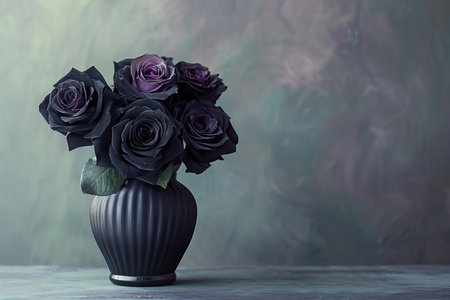 Black roses in an empty vase on a table, high quality, high resolutionの素材