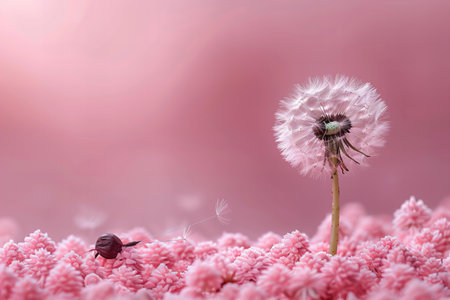 Dandelion seeds on pink background with copy space for your textの素材