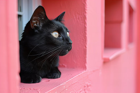 Black cat looking out through a hole on a pink wallの素材