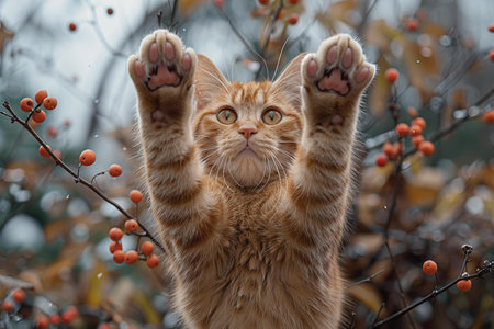 Featuring a  orange cat and its paws in the air, high quality, high resolutionの素材
