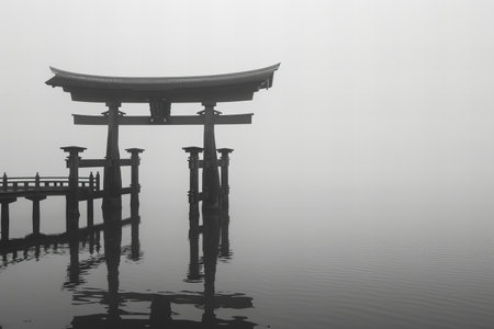 Featuring a the black and white photo of a tori gate in the waterの素材