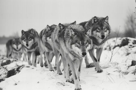 Depicting a wolves walking behind a snow covered hill, high quality, high resolutionの素材