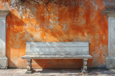 Sitting bench on orange wall in the sunlight, high quality, high resolutionの素材
