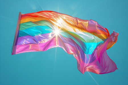 Illustration of lgbtq flag waving in the air with an inky blue sky behind itの素材